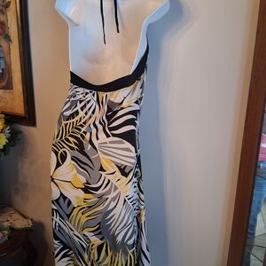Vintage Caramel Black, White & Yellow Tropical Backless Maxi Dress